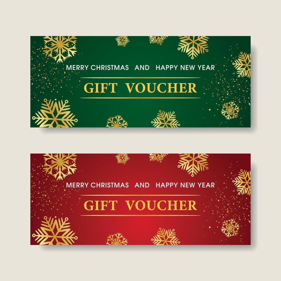 Gift Christmas or New Year certificates, templates. Gift vouchers on green and red background with golden snowflakes. vector