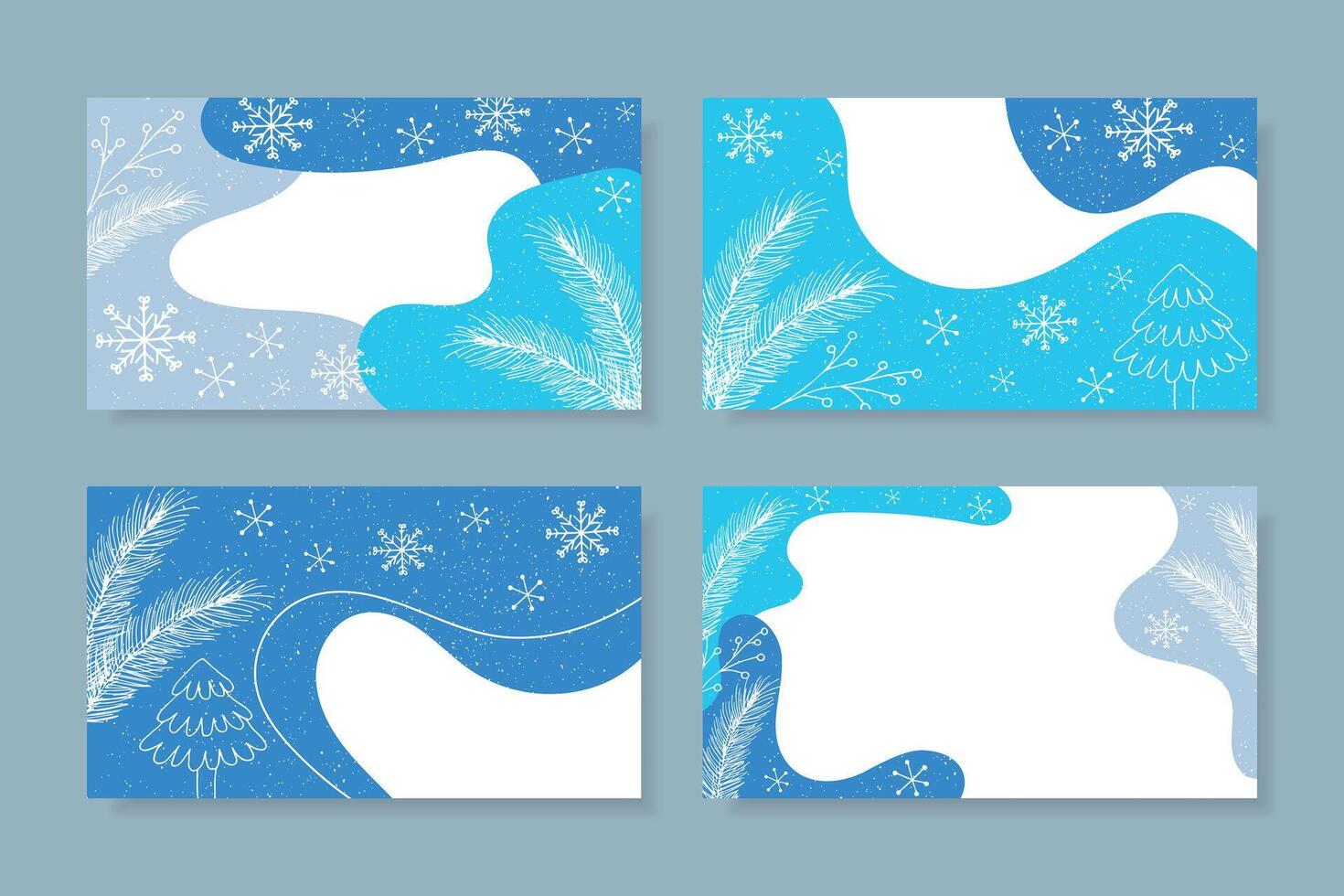 Set of winter backgrounds with snow, snowflakes and fir branches. Winter backgrounds with hand drawn elements. Winter cover. vector