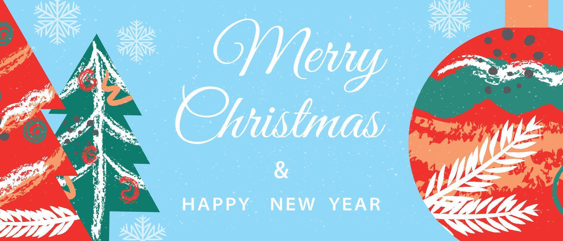 Banner, poster or card with Merry Christmas and Happy New Year greetings. Modern Christmas art design with tree, balls and snow. vector