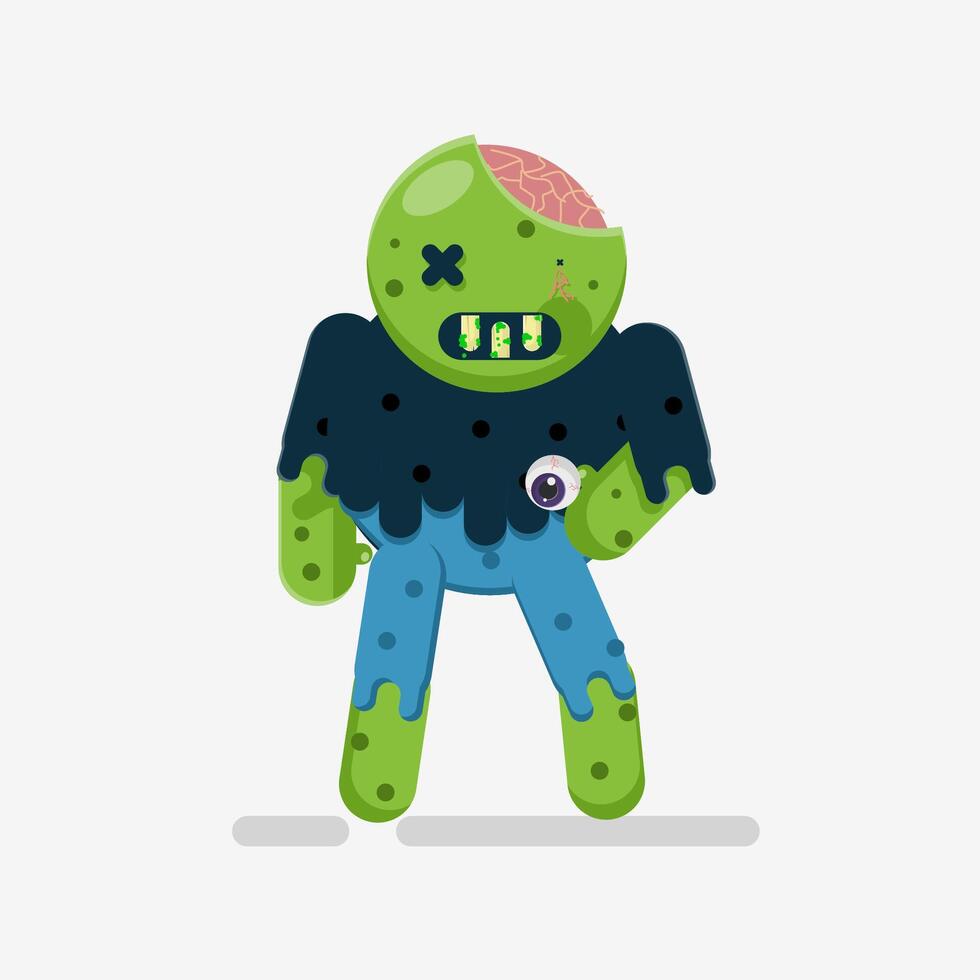 Flat illustration walking zombie with brain and hanging eye vector