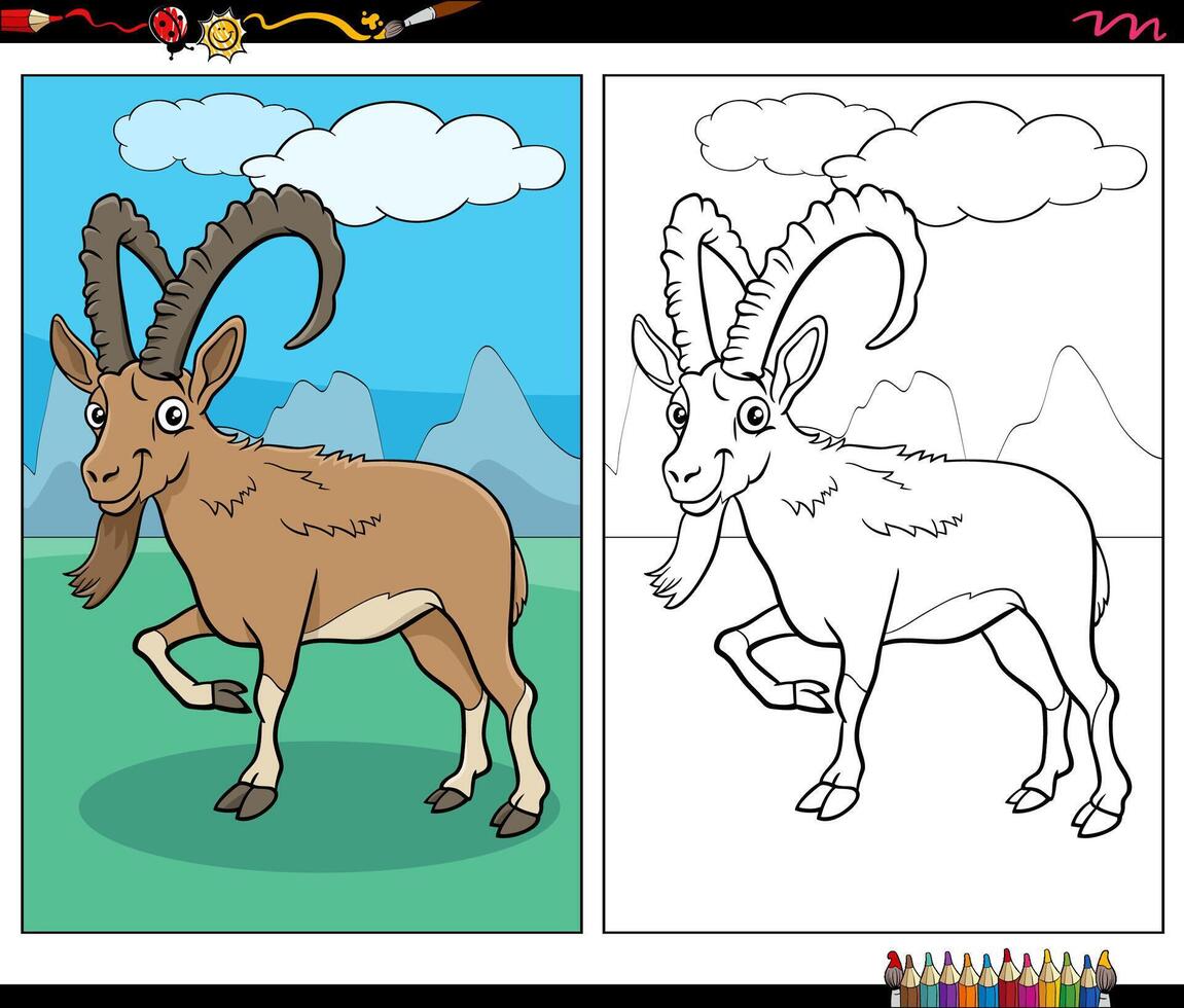 cartoon ibex wild animal character coloring page vector