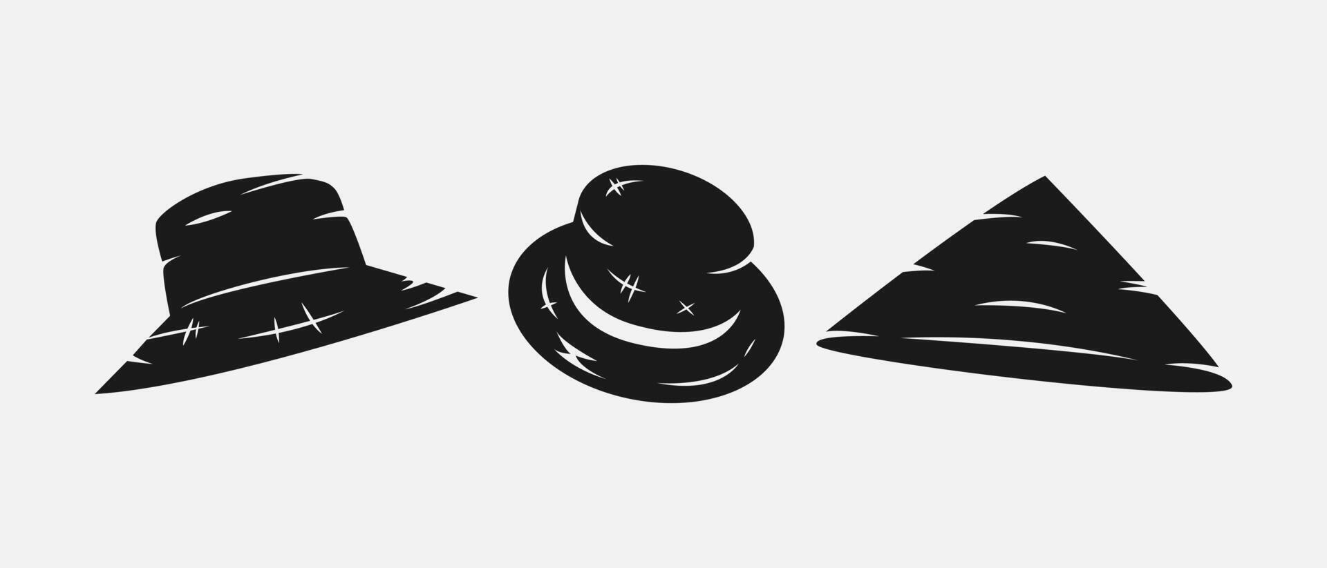 Set silhouettes of straw, sun hat, farmer hat. Icon, logo on white background. Graphic illustration. vector