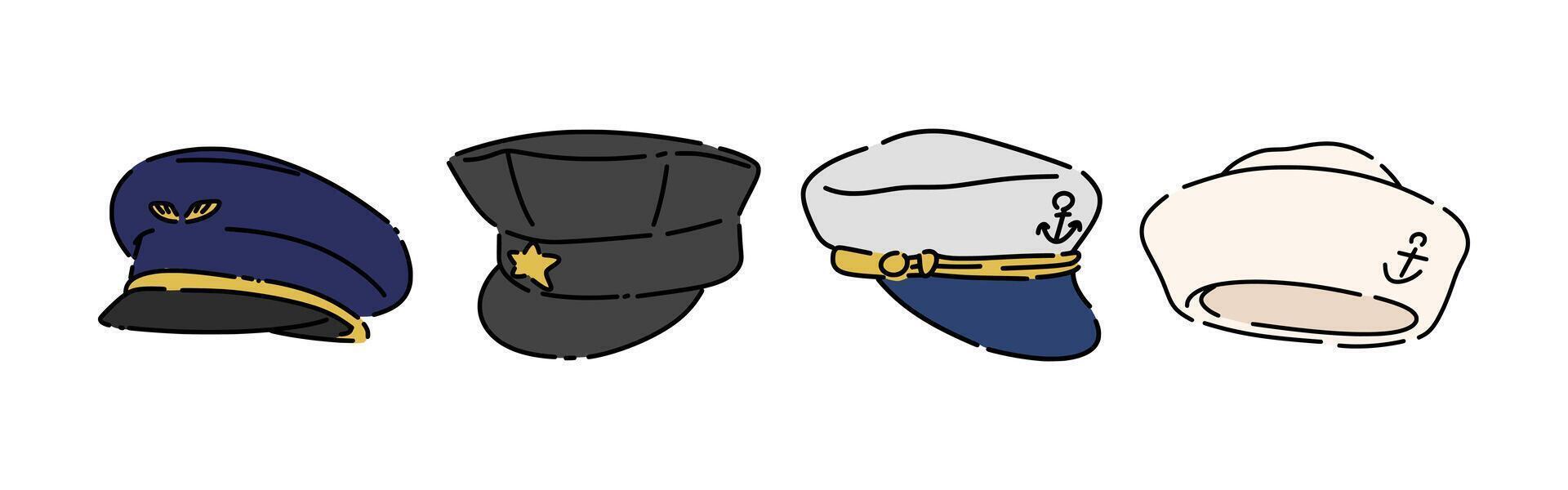Set line drawing of police hat, sailor cap, pilot hat. Isolated on white background. Colored graphic illustration. vector