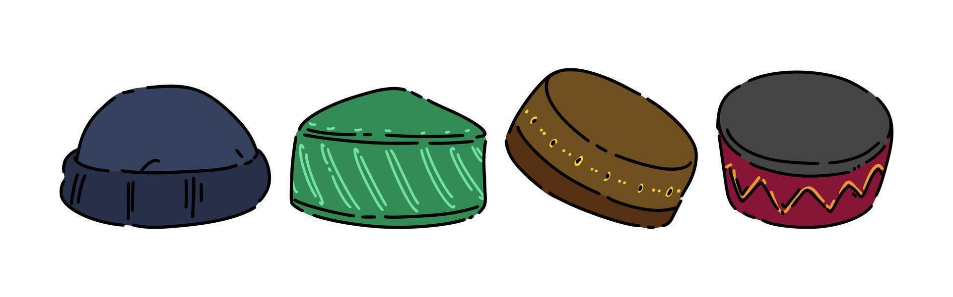 Set line drawing of islamic cap, skull cap, kopiah, songkok, peci. Isolated on white background. Colored illustration. vector