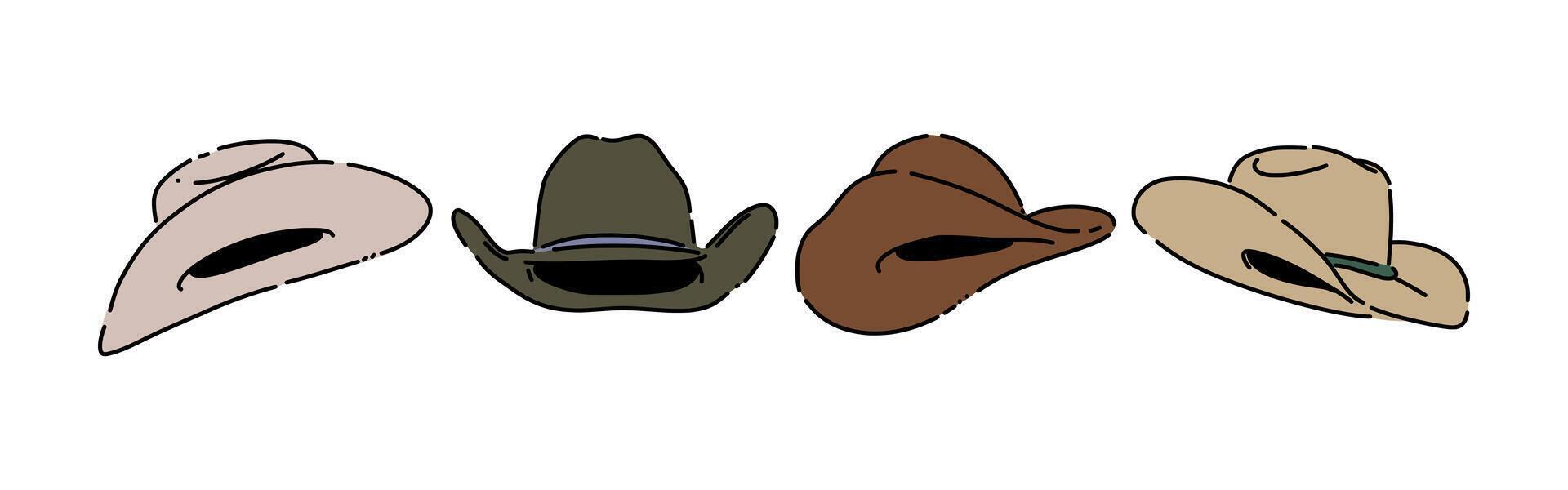 Set line drawing of cowboy hat. Isolated on white background. Colored graphic illustration. vector
