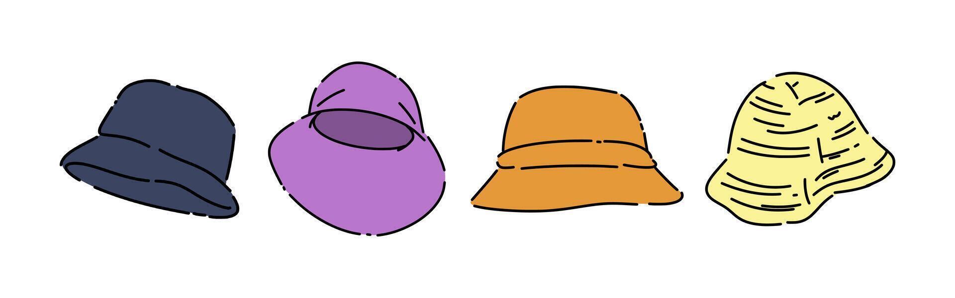 Set line drawing of bucket hat. Isolated on white background. Colored graphic illustration. vector