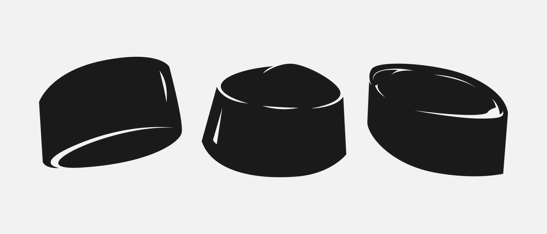 Set silhouettes of islamic cap, skull cap, kopiah, songkok, peci. Icon, logo on white background. Graphic illustration. vector
