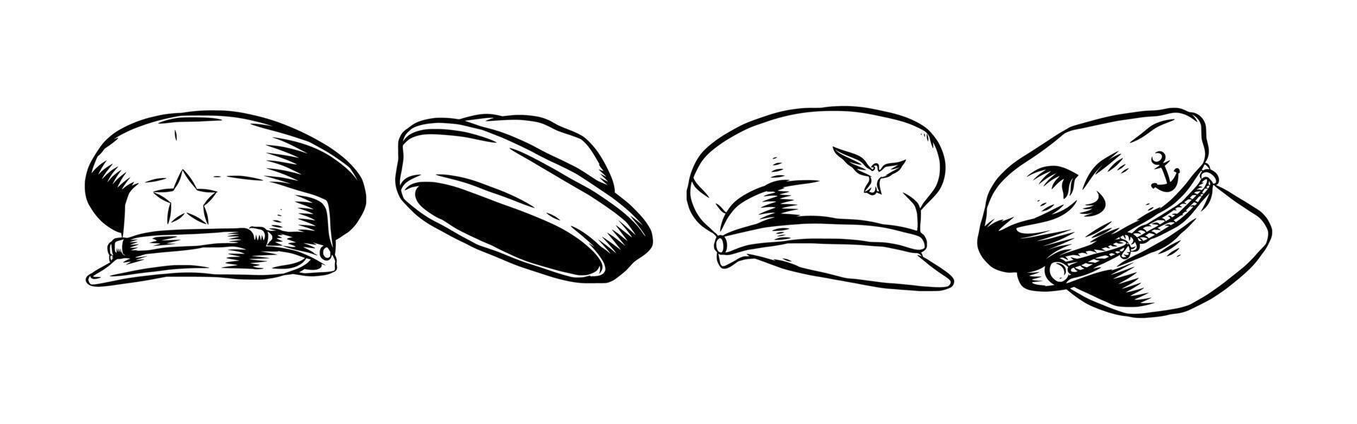 Set Hand drawn vintage engraving of police hat, sailor hat, pilot hat. Isolated on white background. Graphic illustration. vector