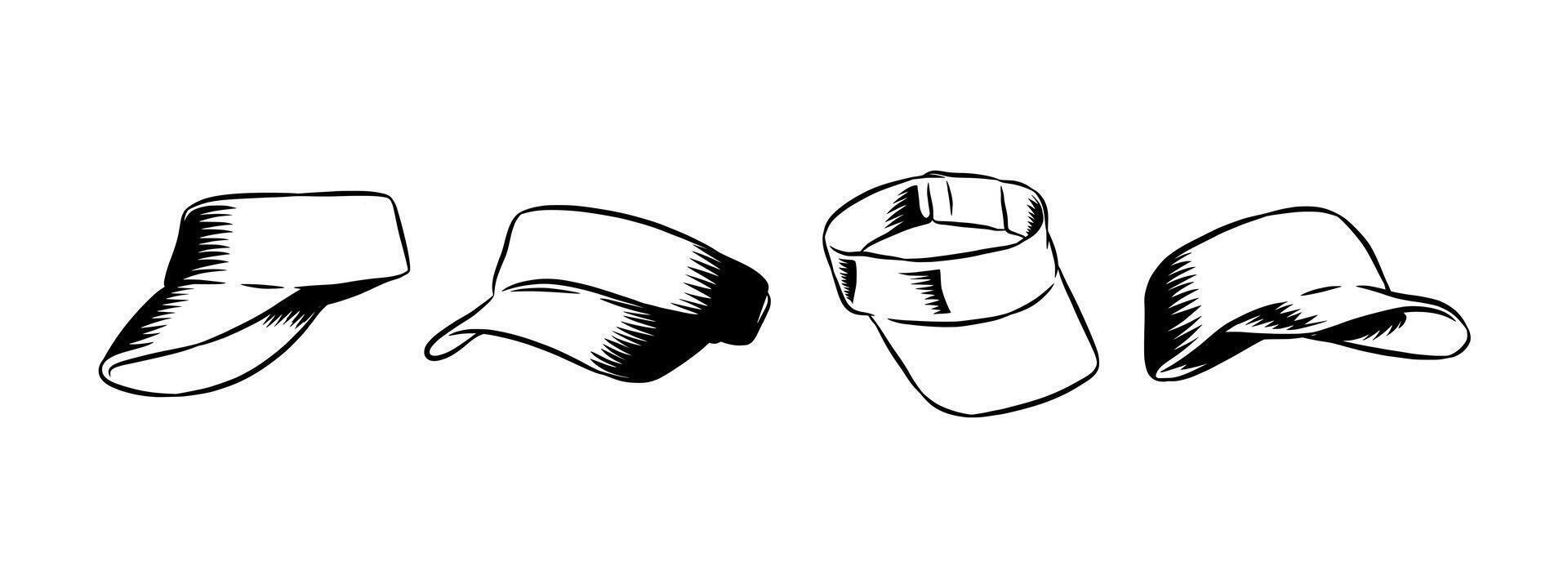 Set Hand drawn vintage engraving of visor cap, golf, tennis hat. Isolated on white background. Graphic illustration. vector