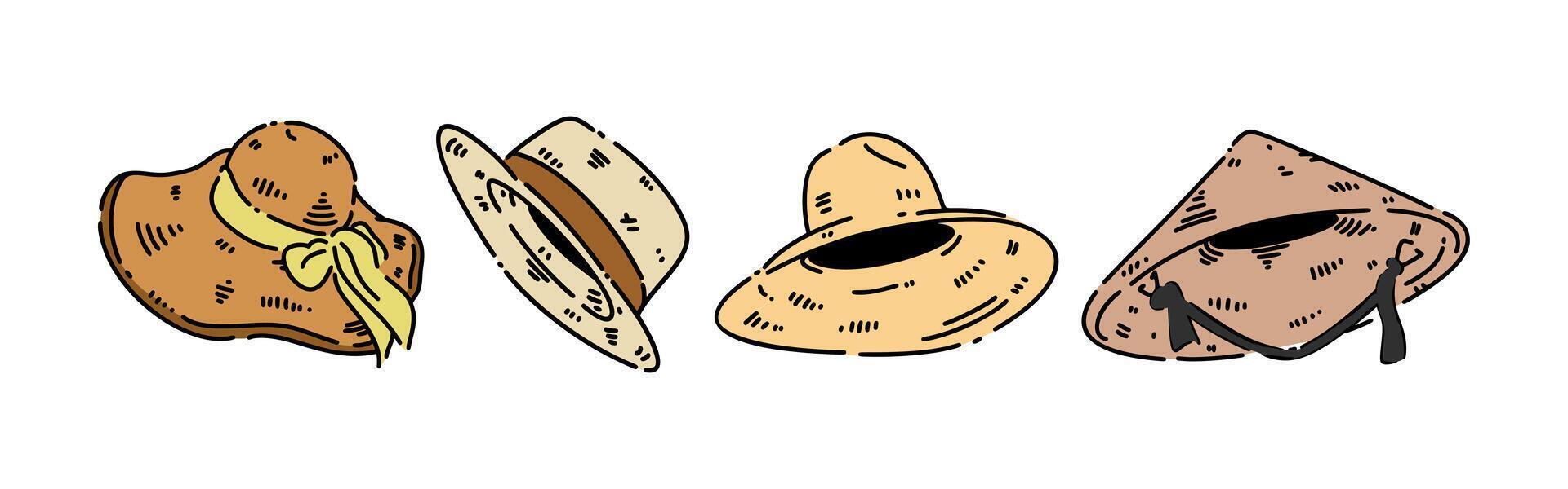 Set line drawing of straw hat, sun hat, farmer hat. Isolated on white background. Colored graphic illustration. vector