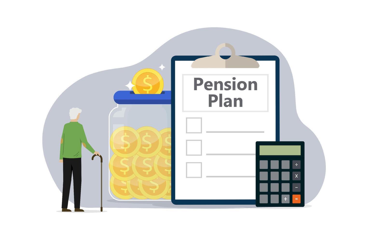 Pension plan concept with senior character. Elderly man save up money and to do list plans for comfortable old age vector