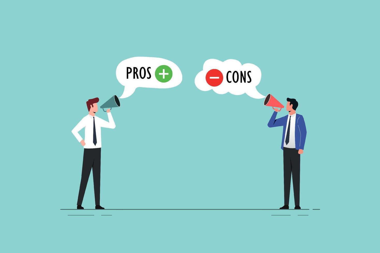 Pros and cons on speech bubbles. Decision making and problem analysis. Risk planning. Advantages and disadvantages. Evaluating possible profit and losses vector