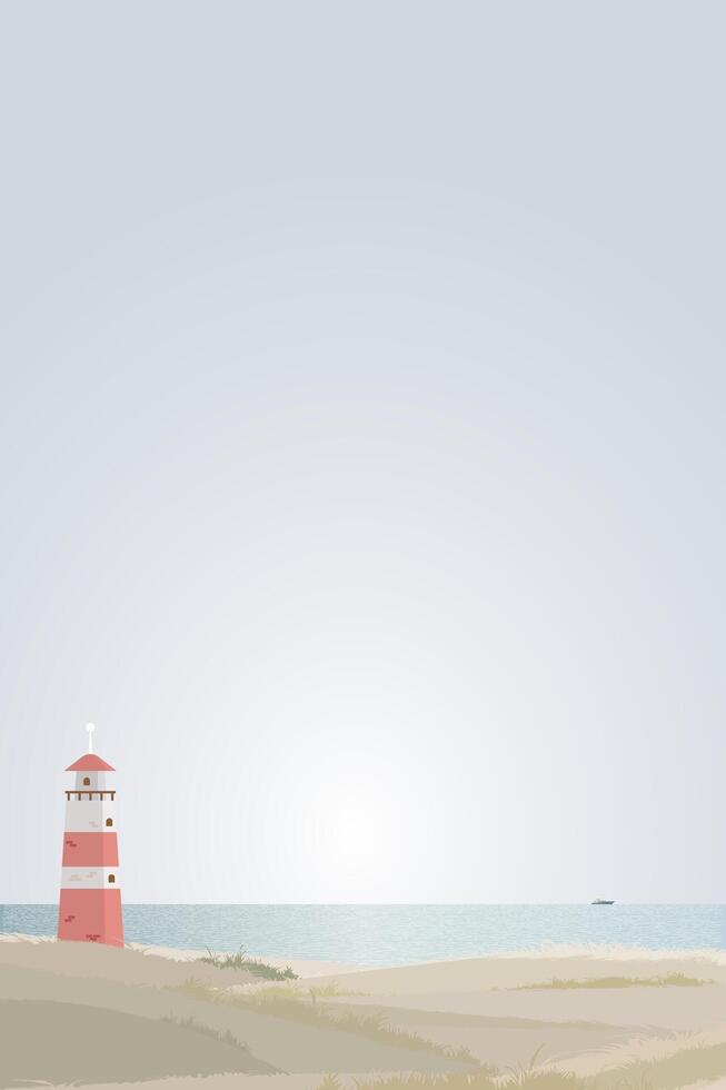 Minimalist seashore landscape with lighthouse have yacht at skyline flat design graphic illustration. Coastline with beacon have blue sky vertical background. vector