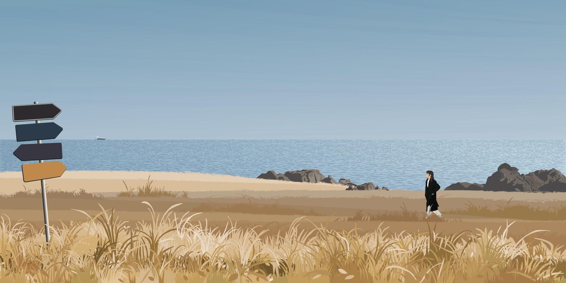 Seashore landscape with a woman walking on grass field in autumn season have direction sign pole at foreground graphic illustration. Coastline have blue sky background. vector