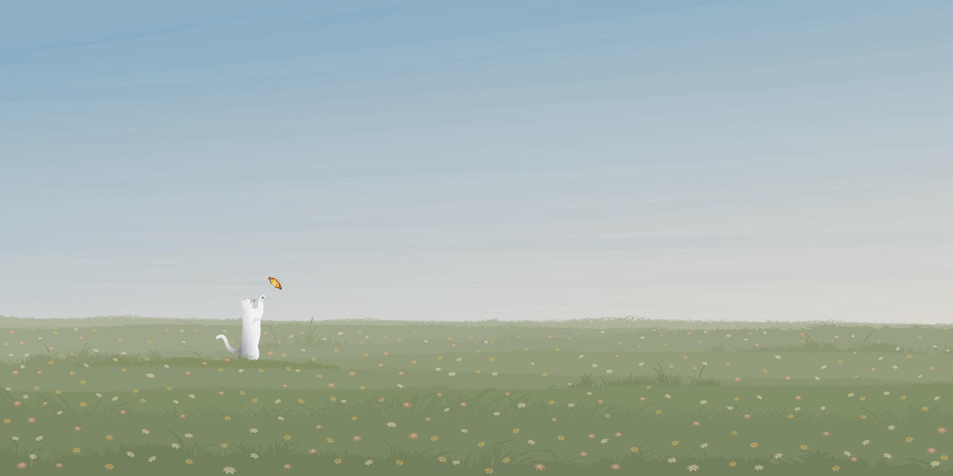 Minimalist flower field landscape with a cat playing with butterfly graphic illustrated have blank space. vector