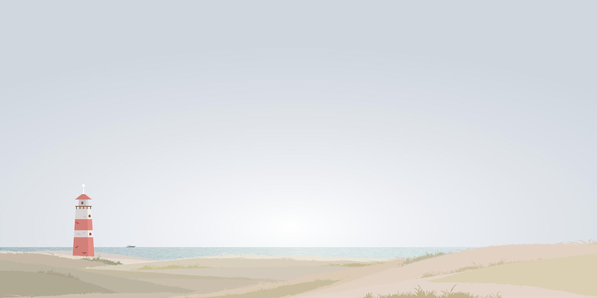 Minimalist seashore landscape with lighthouse have yacht at skyline flat design graphic illustration. Coastline with beacon have blue sky background. vector