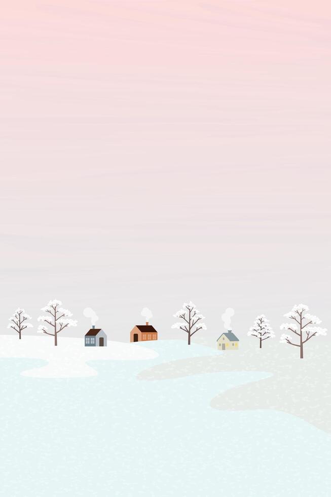 Minimalist winter landscape with snowy tree and small town childish style have vanilla sky vertical background graphic illustration. Merry Xmas and Happy New Year greeting card have blank space. vector