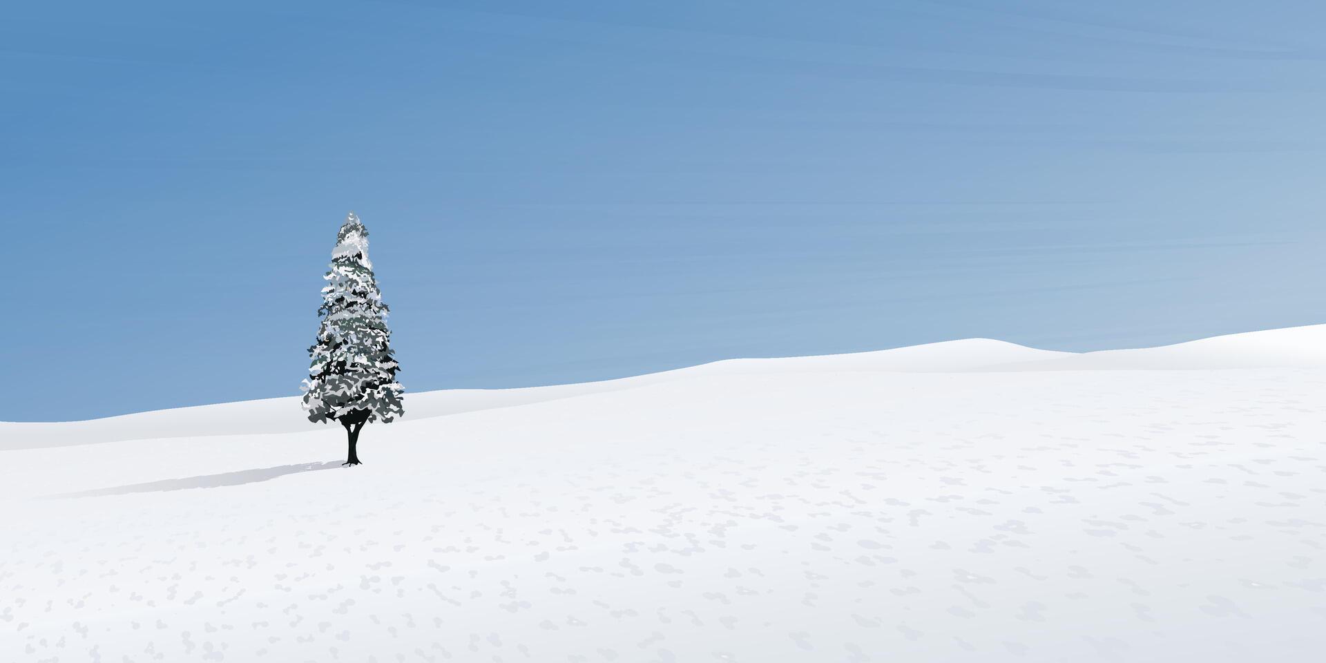 Minimalist snowscape with lonely pine tree have blue sky background graphic illustration. Merry Christmas and Happy New Year greeting card template have blank space. vector