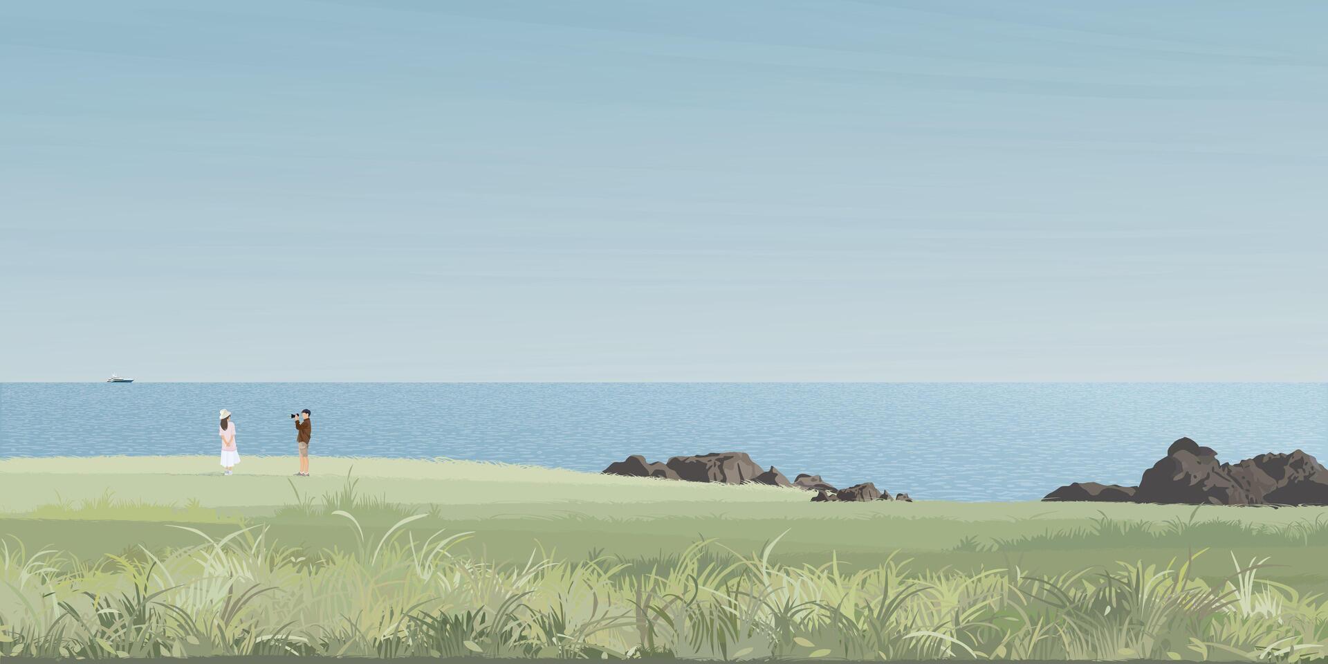 Seashore landscape with tourist in grass field graphic illustration. Coastline have blue sky background. vector