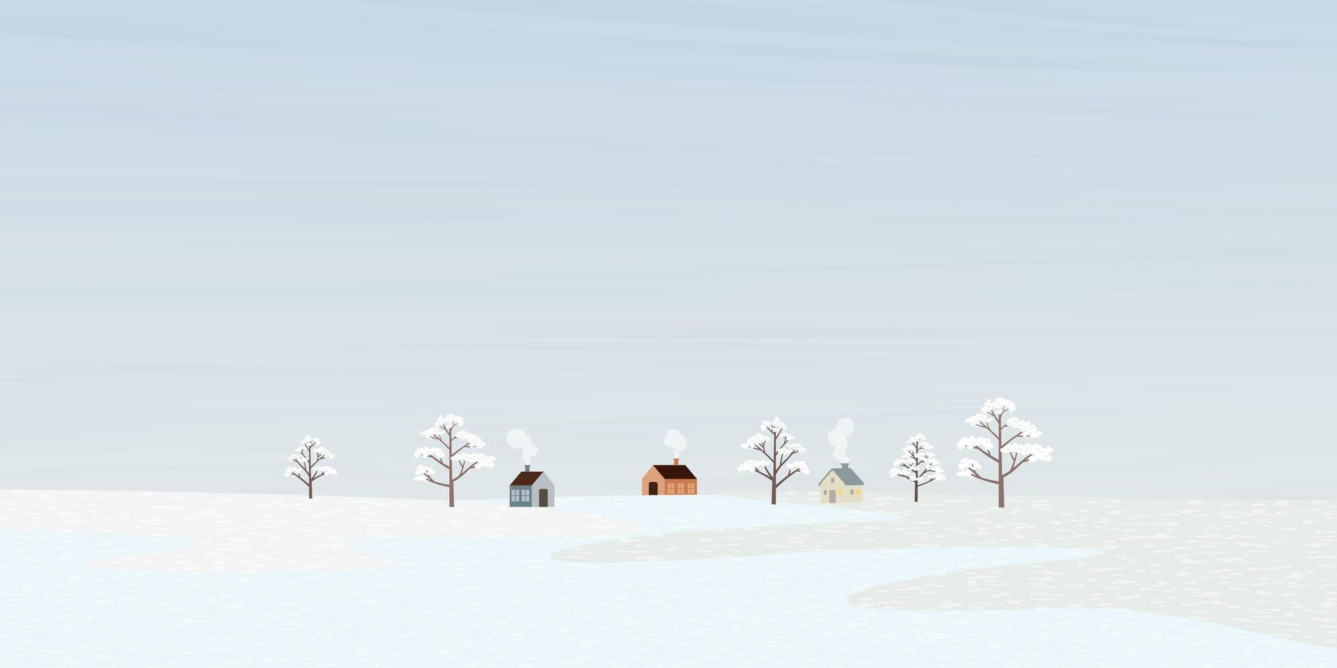Minimalist winter landscape with snowy tree and small town childish style graphic illustration. Merry Christmas and Happy New Year greeting card template have blank space. vector