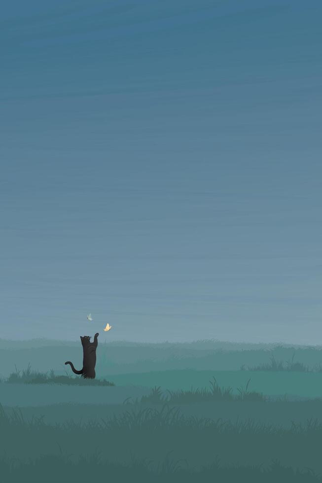 Minimalist grass field landscape with a cat playing with butterfly graphic illustration have blank space. vector