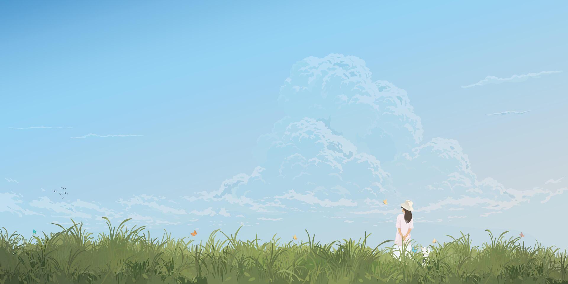 Grass field landscape with a woman and cat graphic illustration have blank space at blue sky background. vector