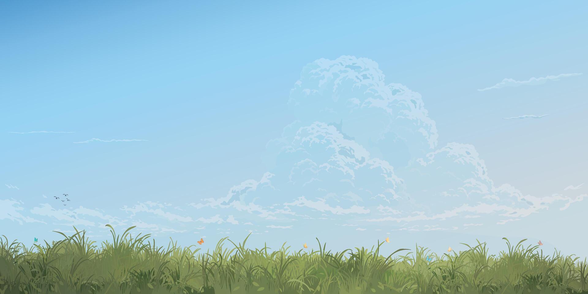 Grass field landscape with colorful butterflies graphic illustration have blank space at blue sky background. vector