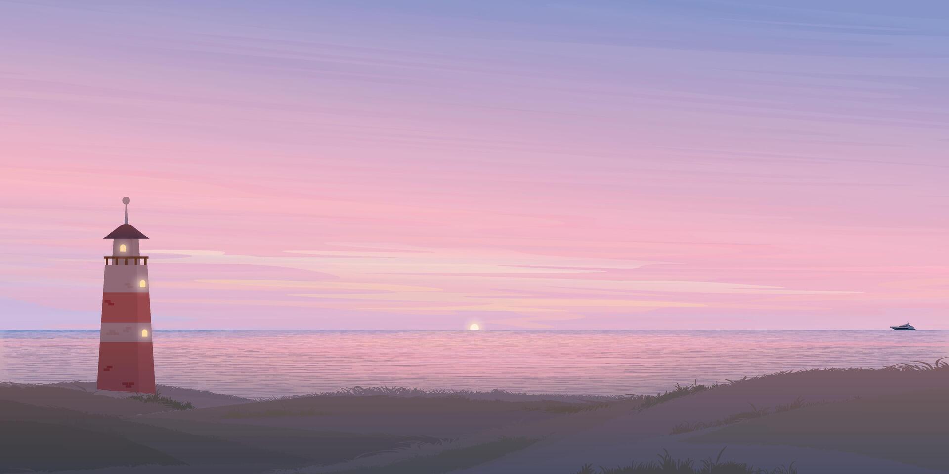 Minimalist seashore landscape with lighthouse at sunset flat design graphic illustration. Coastline with beacon have twilight sky background. vector