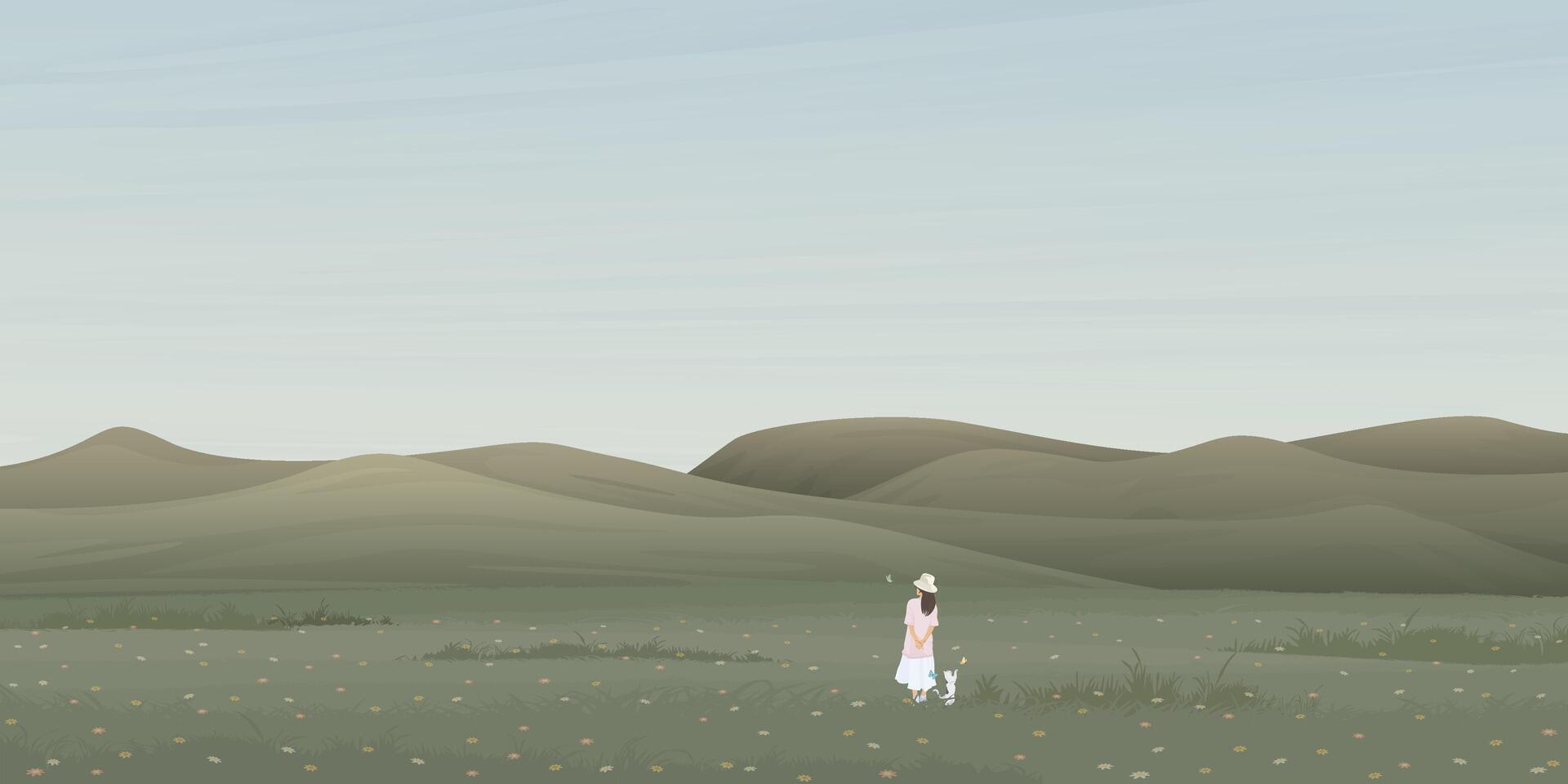 Minimalist countryside landscape with a woman and her cat in flower field graphic illustration have blank space. vector