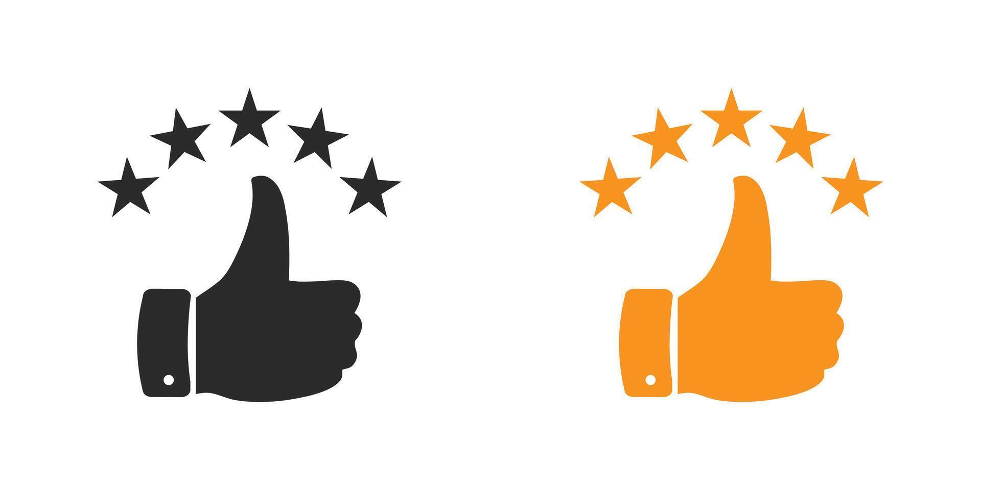 Review rating with 5 stars and thumb up feedback. Five star rating badge, review rating icon. vector