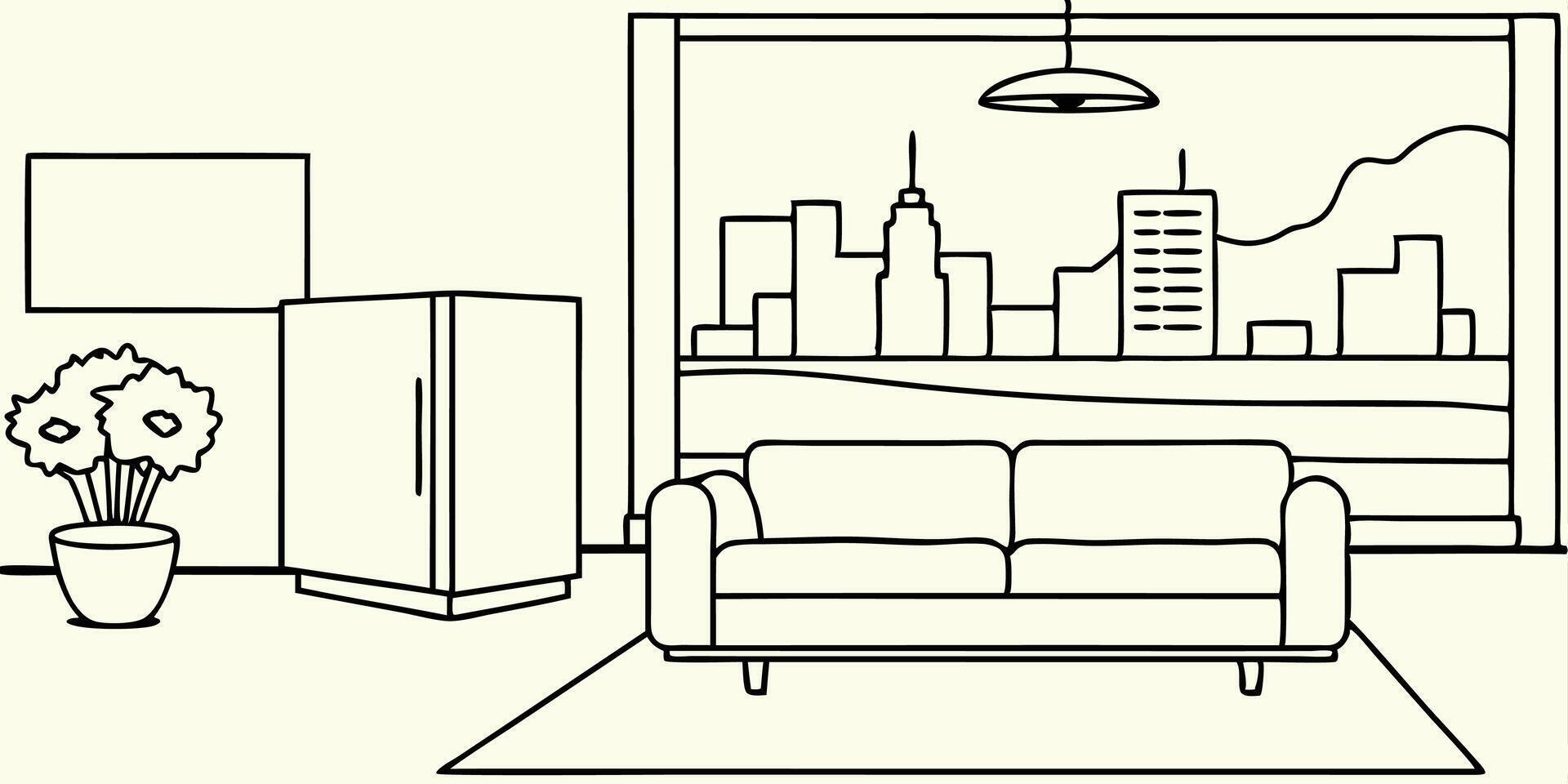 a living room drawing line art with a view of a city vector