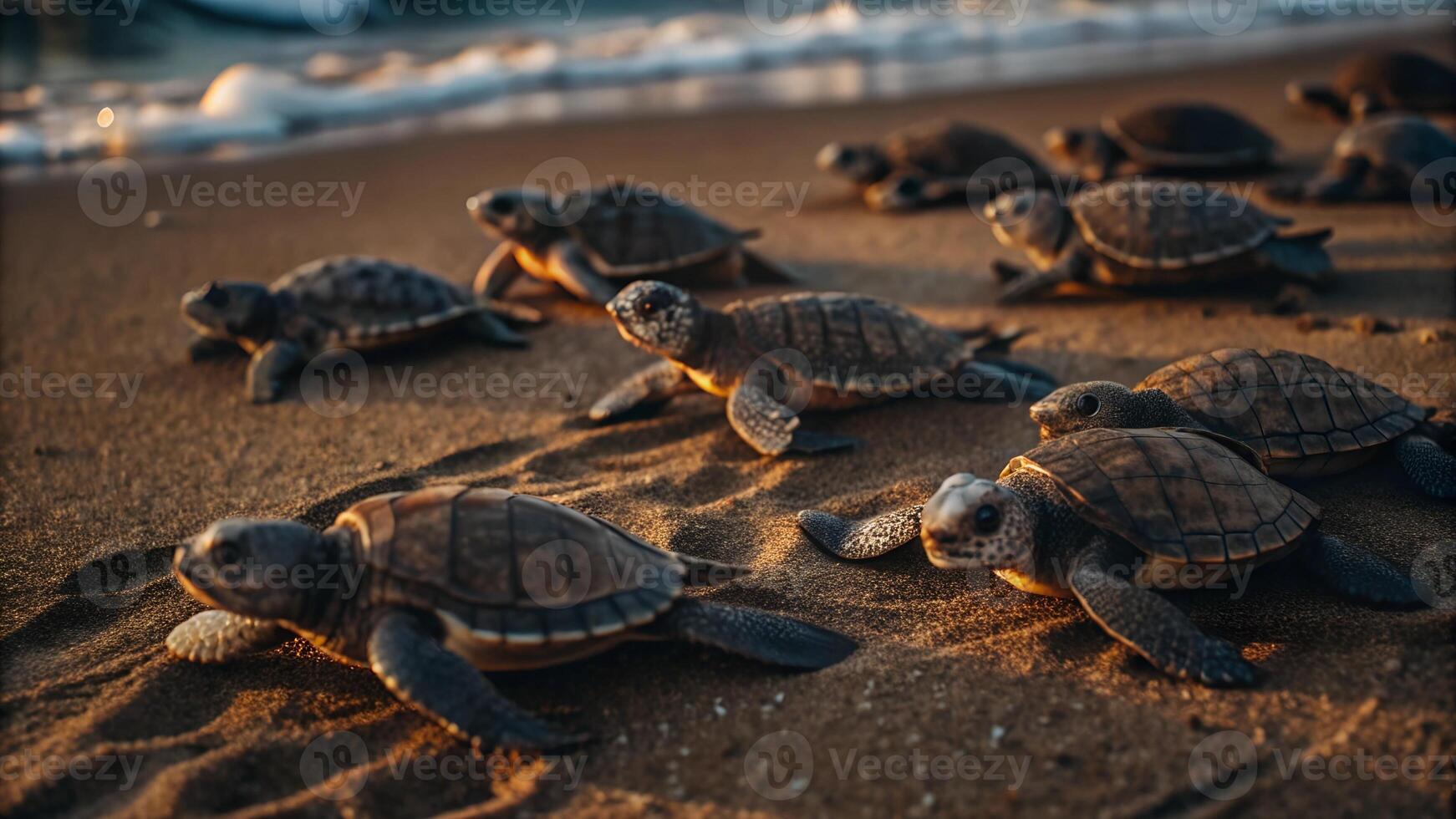 Serene scene of small adorable turtles crawling on the sandy beach near the edge of the crystal clear blue ocean photo