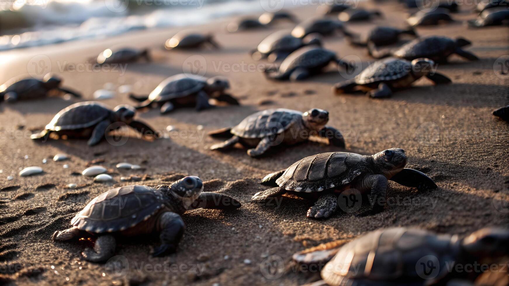 Serene scene of small adorable turtles crawling on the sandy beach near the edge of the crystal clear blue ocean photo