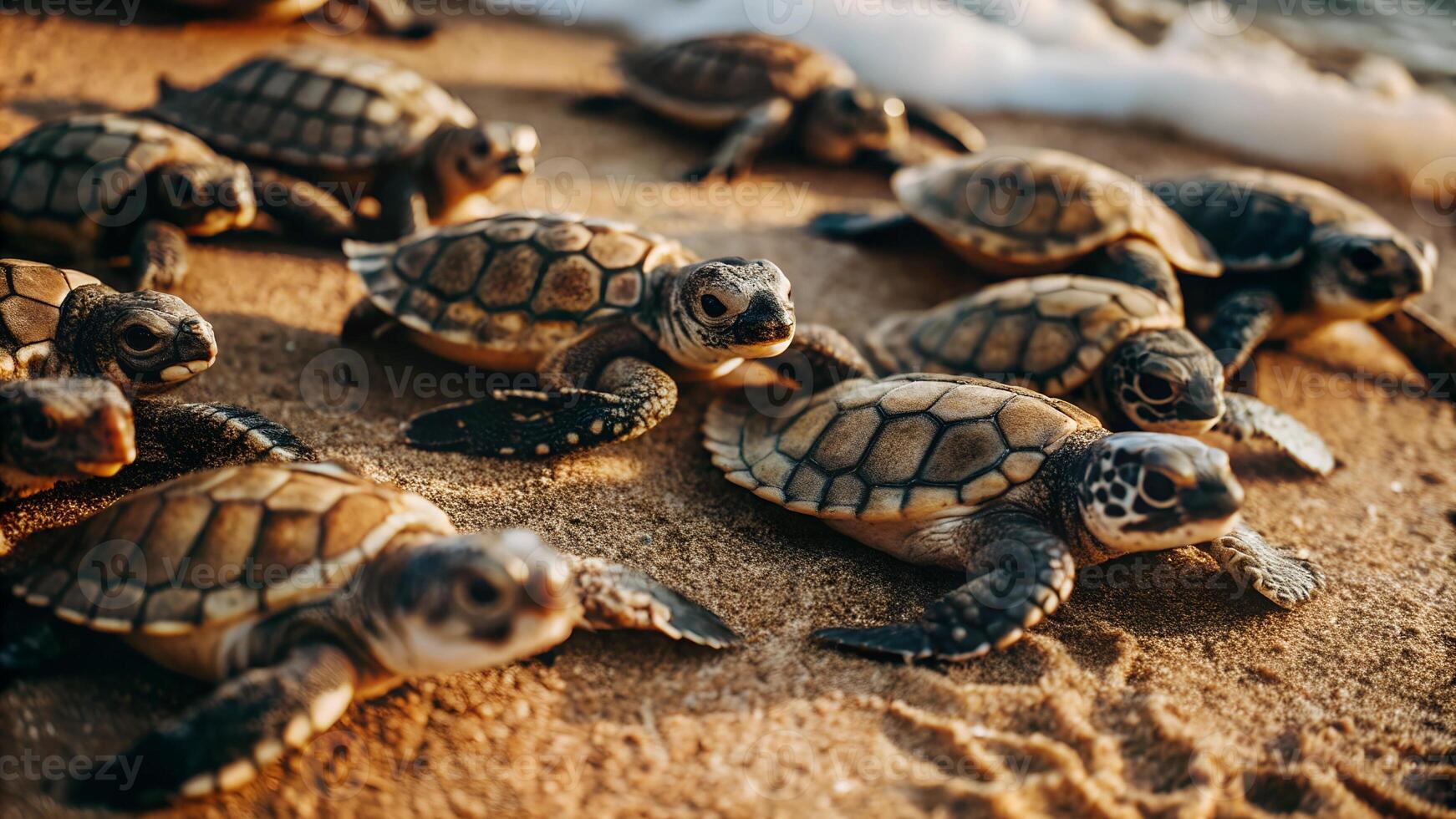 Serene scene of small adorable turtles crawling on the sandy beach near the edge of the crystal clear blue ocean photo