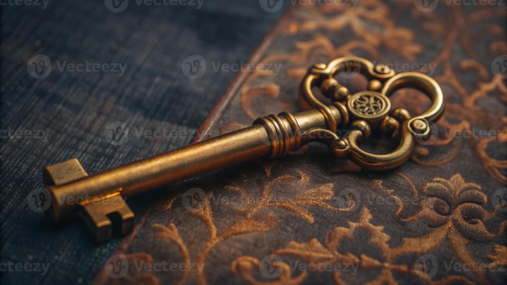 Vintage golden key intricately designed with baroque patterns photo