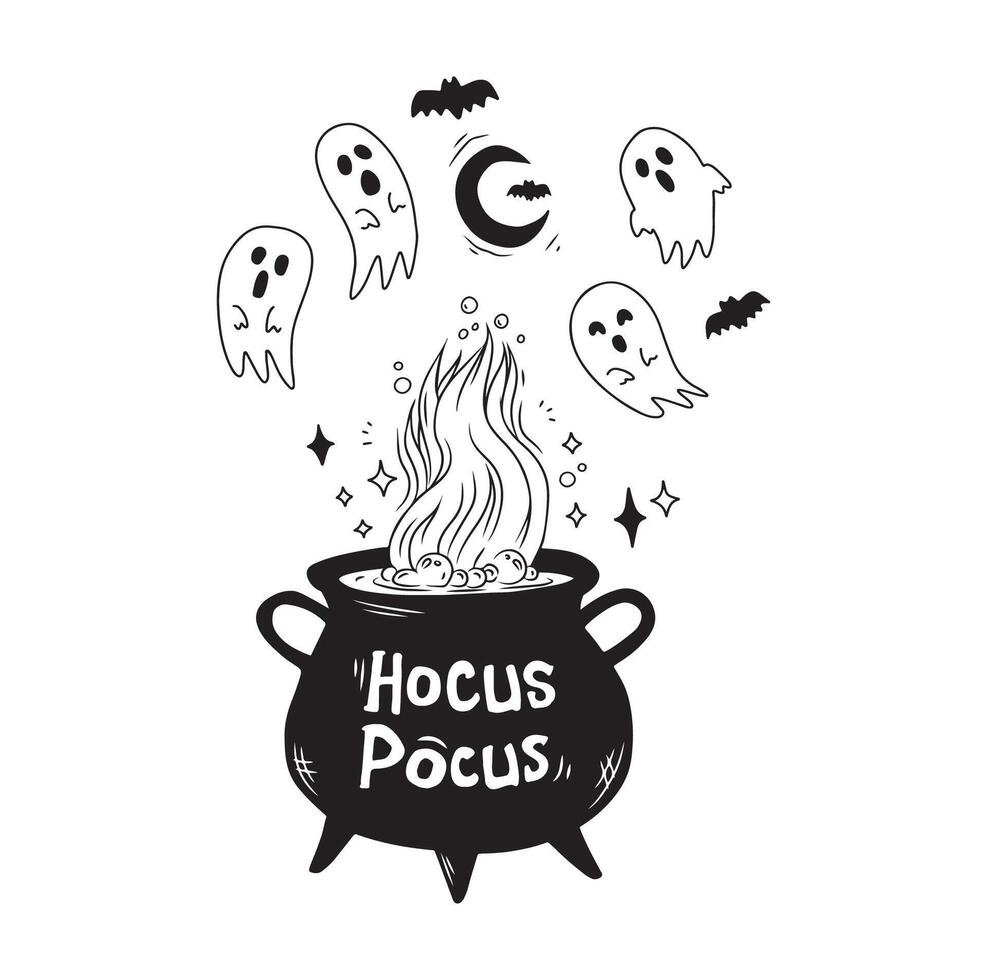 Hand drawn witch cauldron with magic poison, cute ghosts and liitle bats. Handwritten Hocus pocus vector