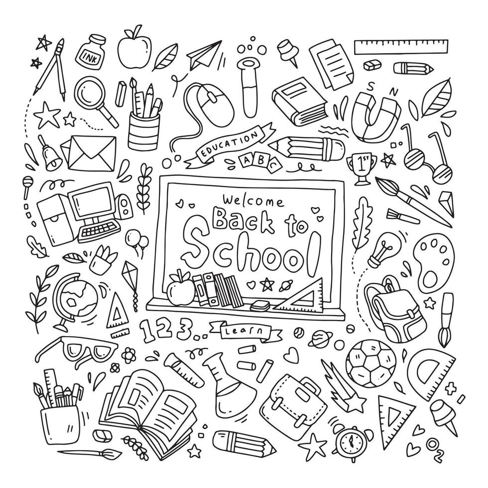 Back to school Illustration of doodle seamless pattern. Hand drawn background with school supplies and creative elements vector