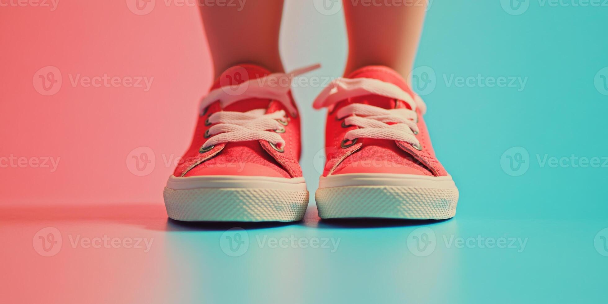 Children sneakers against color minimalistic background photo