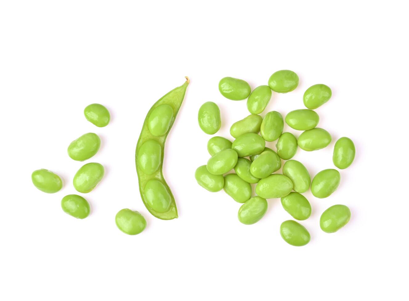 Soybeans, edamame beans on white background. Top view photo