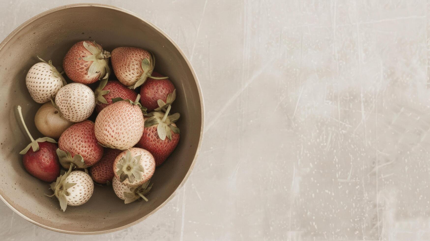 A bowl of ripe, red strawberries and white strawberries placed on a light, textured background. Healthy, fresh fruit ready to eat. photo
