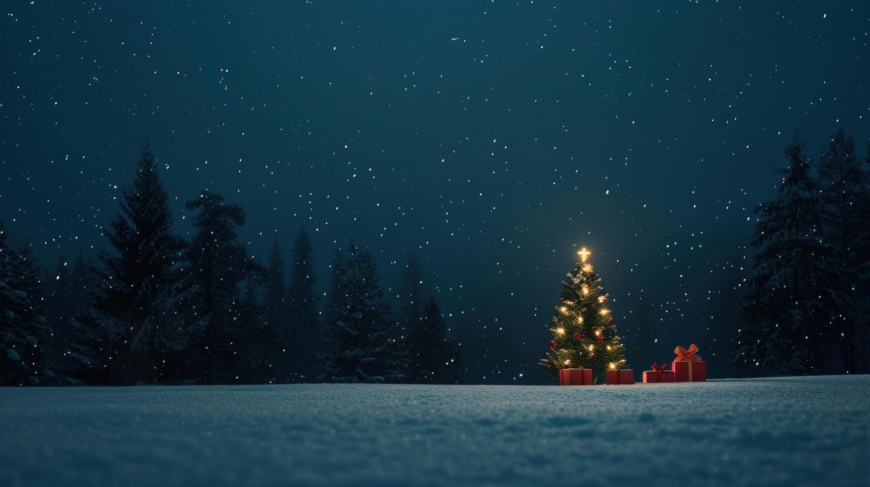 A serene winter night scene featuring a decorated Christmas tree, surrounded by snow-covered photo