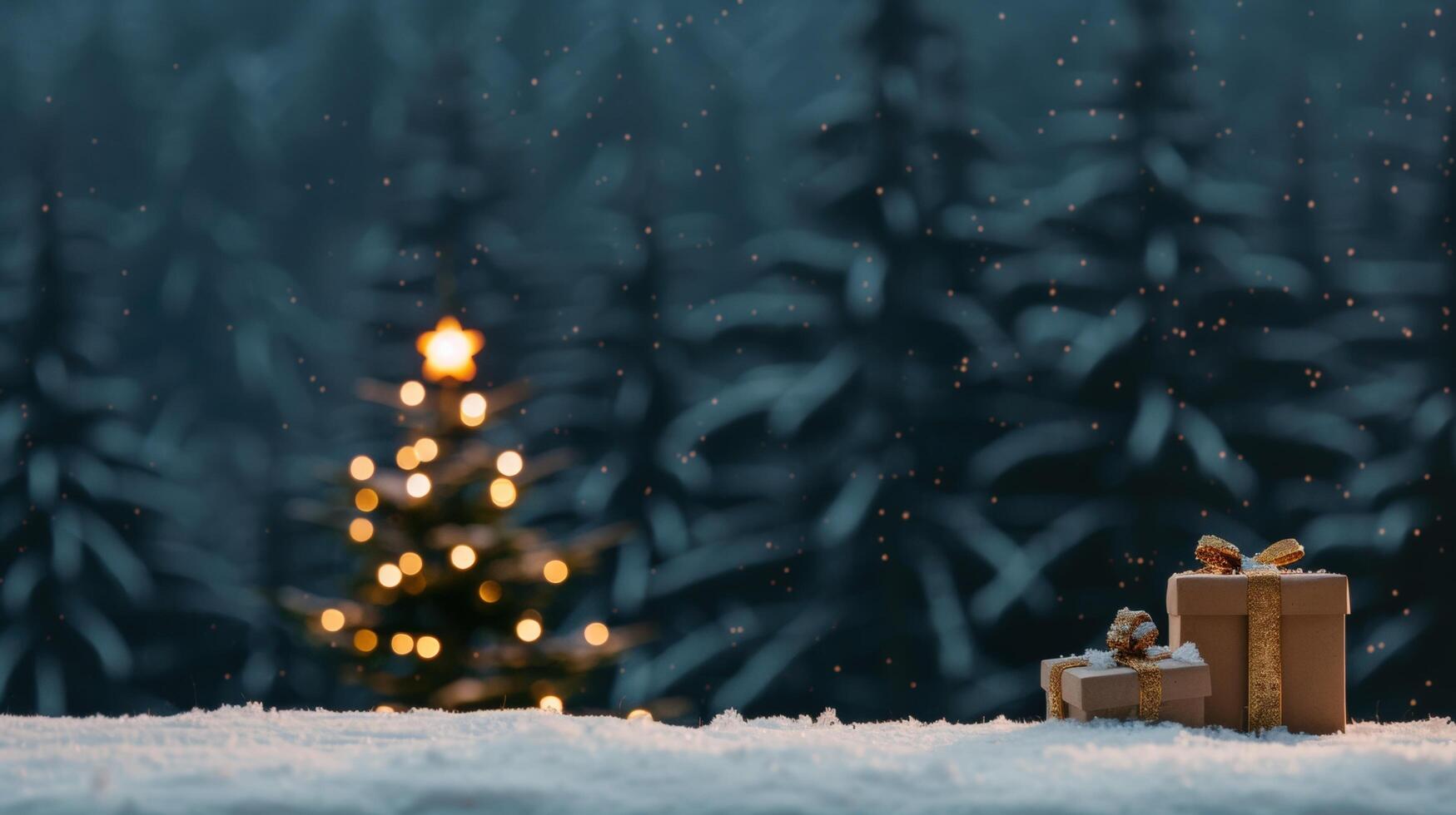 A serene winter scene featuring a decorated Christmas tree amidst softly falling snow and festive wrapped gifts. photo