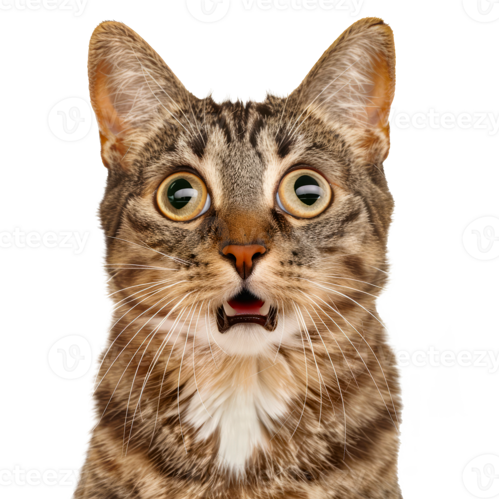 Surprised Tabby Cat with Wide Eyes and Open Mouth - Close-up of a Shocked Feline Expression cut out on transparent background png