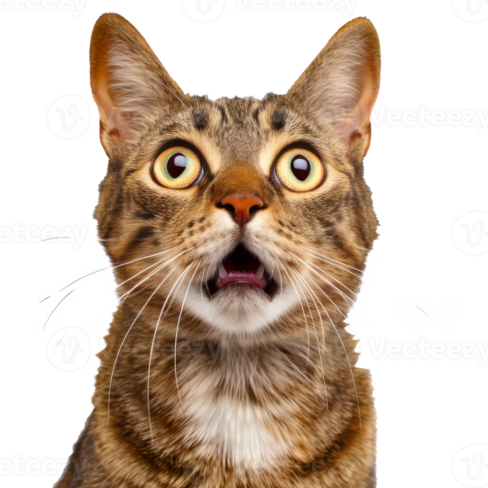 Surprised Tabby Cat with Wide Eyes and Open Mouth - Close-up of a Shocked Feline Expression cut out on transparent background png