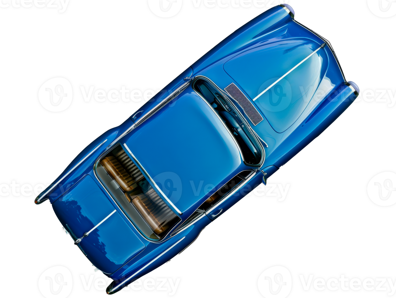 Top view of a vintage blue classic car with chrome details cut out on transparent background png