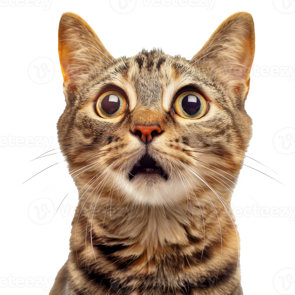 Surprised Tabby Cat with Wide Eyes and Open Mouth Close-Up cut out on transparent background png