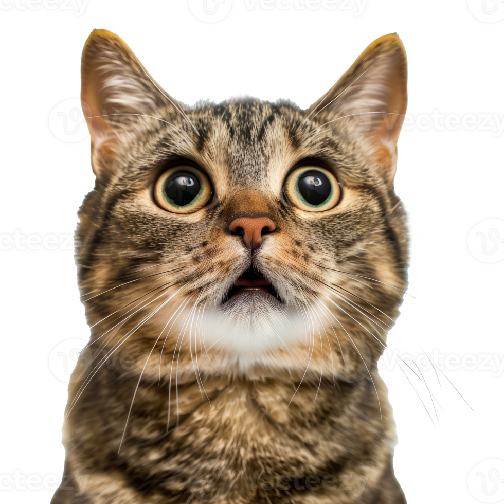 Surprised Tabby Cat with Wide Eyes and Open Mouth Close-Up cut out on transparent background png