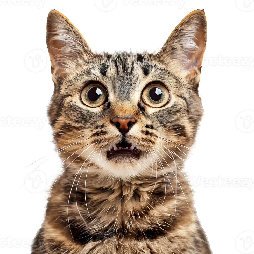 Surprised Tabby Cat with Wide Eyes and Open Mouth Close-Up cut out on transparent background png