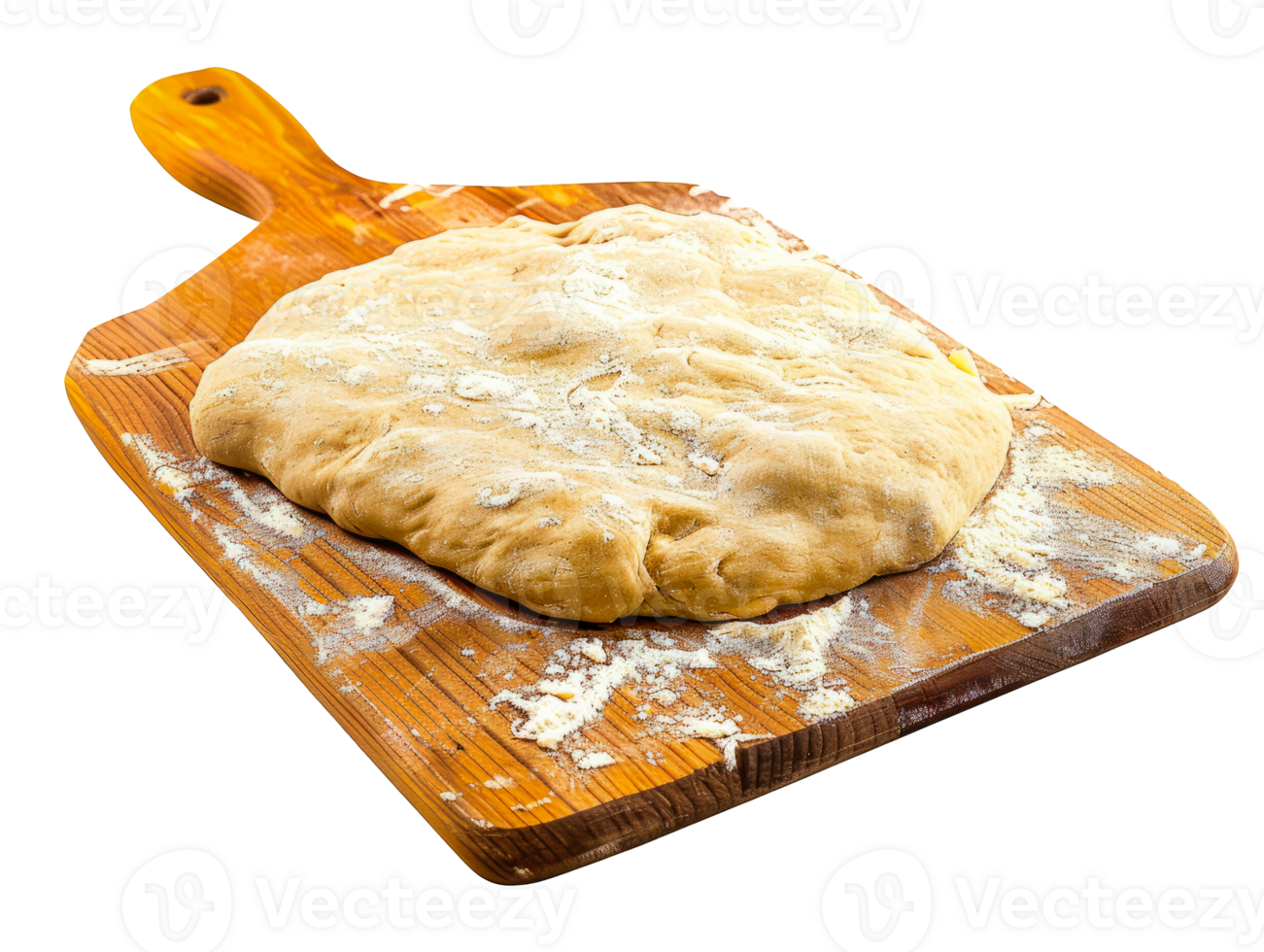 Freshly prepared raw pizza dough on a wooden pizza peel, ready for baking in a traditional oven cut out on transparent background png