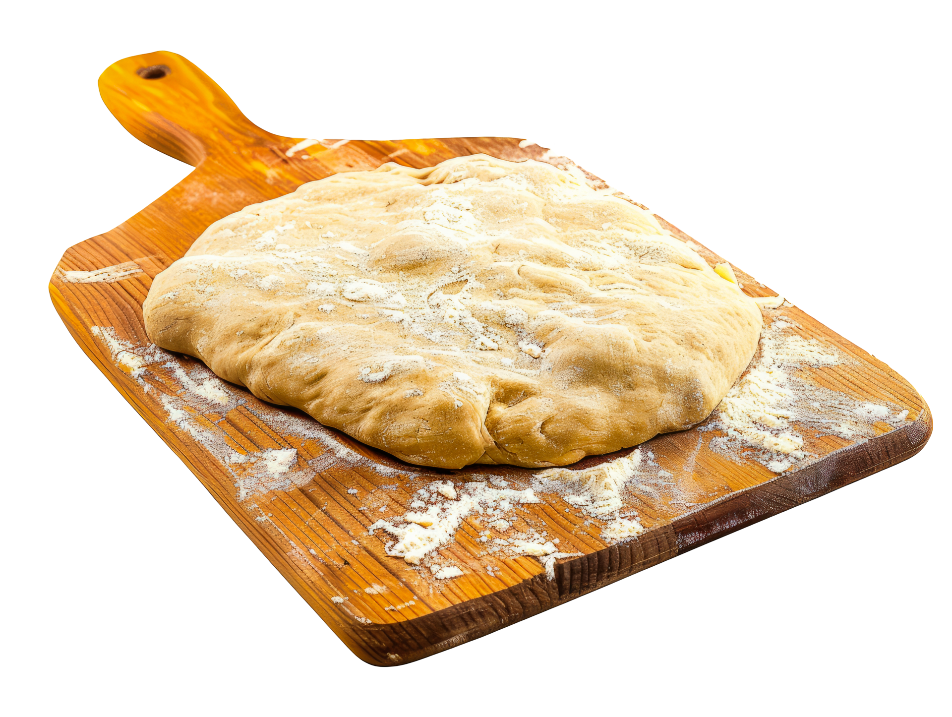 Freshly prepared raw pizza dough on a wooden pizza peel, ready for